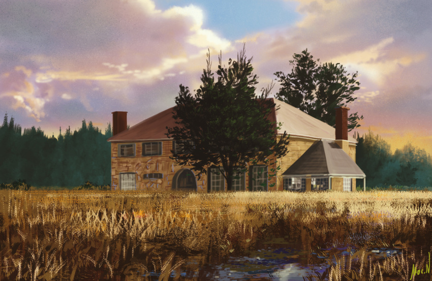 building chimney clouds commentary_request evening falling_leaves grass house leaf mac_naut meadow no_humans original plant scenery sky tree water window