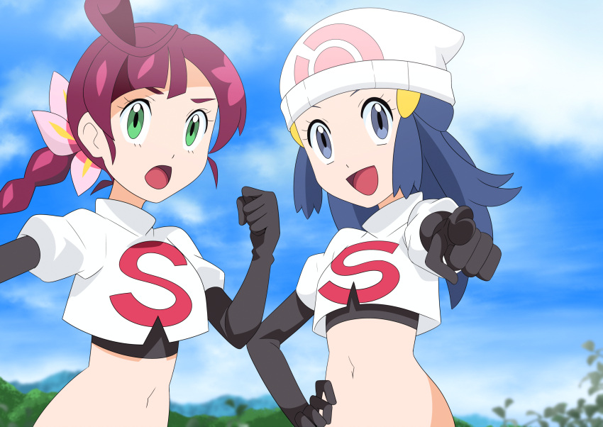 2girls :d bangs beanie blue_hair braid braided_ponytail chloe_(pokemon) clenched_hand clouds cosplay dawn_(pokemon) day elbow_gloves eyelashes flower gloves green_eyes grey_eyes hainchu hair_flower hair_ornament hairclip hand_on_hip hand_up hat highres jacket jessie_(pokemon) jessie_(pokemon)_(cosplay) long_hair multiple_girls navel open_mouth outdoors pink_flower pokemon pokemon_(anime) pokemon_swsh_(anime) sky smile tongue white_headwear white_jacket