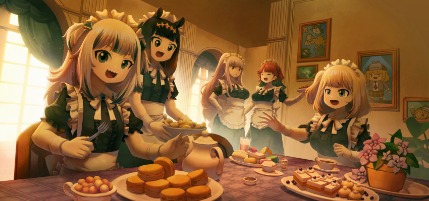 5girls :d absurdres alternate_costume apron bangs black_dress black_eyes blonde_hair blue_eyes blue_hair cake center_frills dress dutch_angle enmaided flower flower_pot food fork frills gawr_gura gloves gooster green_hair grey_hair hand_on_hip highres holding holding_fork hololive hololive_english indoors long_hair looking_at_another looking_at_viewer maid maid_apron maid_headdress medium_hair mori_calliope multicolored_hair multiple_girls ninomae_ina'nis open_mouth picture_(object) pink_hair puffy_short_sleeves puffy_sleeves red_eyes redhead short_sleeves side_ponytail smile table tablecloth takanashi_kiara teapot two_side_up very_long_hair virtual_youtuber watson_amelia white_apron