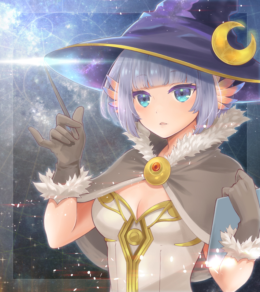 1girl bangs blue_eyes blue_hair blue_wings blunt_bangs breasts brooch brown_cape brown_gloves cape commentary crescent crescent_hat_ornament dress eyebrows_visible_through_hair fur-trimmed_cape fur-trimmed_gloves fur_trim gloves hat hat_ornament head_wings high_wizard_(ragnarok_online) highres holding holding_wand jewelry kotoharu looking_at_viewer magic_circle medium_breasts open_mouth orange_wings purple_headwear ragnarok_online ragnarok_origin short_hair solo strapless strapless_dress two-tone_wings upper_body wand white_dress wings witch_hat