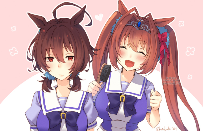 2girls :d ^_^ agnes_tachyon_(umamusume) ahoge animal_ears blush bow bowtie breasts brown_eyes brown_hair closed_eyes closed_mouth daiwa_scarlet_(umamusume) facing_another fang hair_bow hair_brush hair_intakes horse_ears horse_girl horseshoe_ornament kotobuki_(momoko_factory) large_breasts long_hair looking_to_the_side multiple_girls open_mouth puffy_short_sleeves puffy_sleeves purple_shirt red_bow sailor_collar sailor_shirt school_uniform shirt short_hair short_sleeves smile summer_uniform sweatdrop tiara tracen_school_uniform twintails twitter_username umamusume very_long_hair