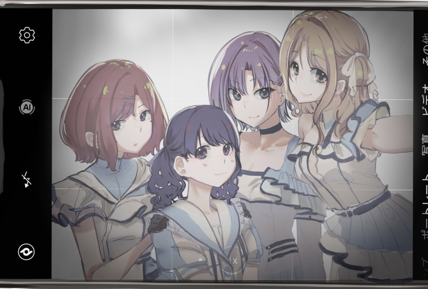 4girls asakura_tooru collarbone dress frilled_dress frills fukumaru_koito group_picture highres higuchi_madoka holding_person ichikawa_hinana idol idolmaster idolmaster_shiny_colors looking_at_viewer looking_to_the_side multiple_girls noctchill_(idolmaster) outstretched_arm phone_screen selfie smile takaharuti two-tone_dress upper_body