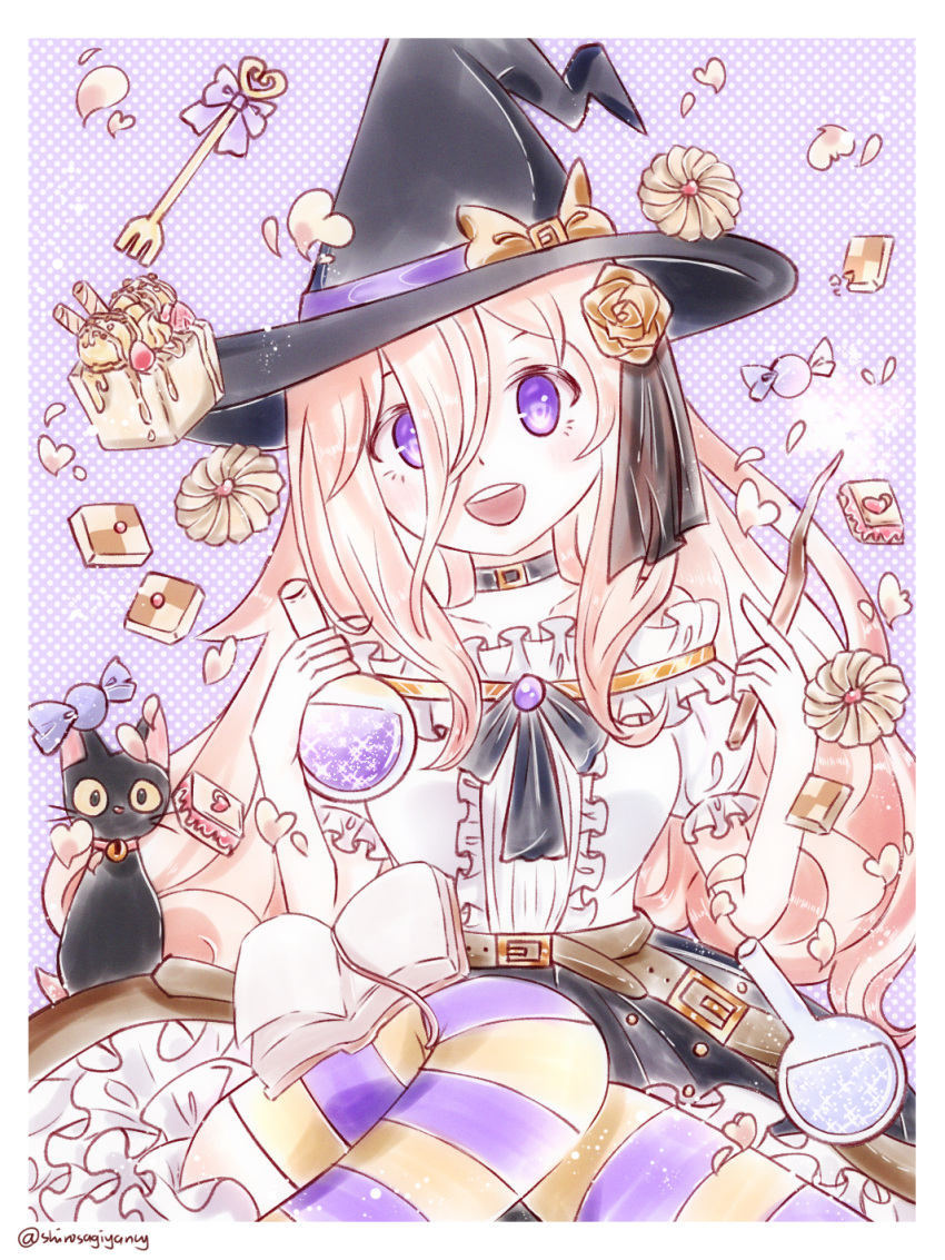 belt cake food frills hat highres looking_at_viewer murasakino_hairu original pink_hair potion simple_background sweets thigh-highs violet_eyes witch witch_hat yancy_shirosagi