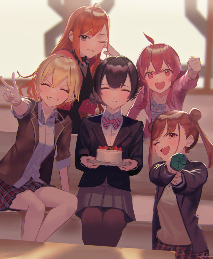 +_+ 5girls :d ^_^ arisugawa_natsuha blurry blurry_background blush clenched_hand closed_eyes couch depth_of_field foreshortening grin group_picture happy_birthday highres houkago_climax_girls_(idolmaster) idolmaster idolmaster_shiny_colors komiya_kaho looking_at_viewer morino_rinze multiple_girls office on_couch one_eye_closed outstretched_arm saijou_juri school_uniform sitting smile sonoda_chiyoko ukimesato v window