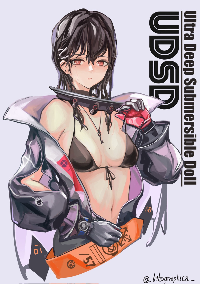 1girl bare_shoulders bikini bikini_top black_bikini bodysuit breasts brown_hair check_commentary collar commentary commentary_request ear_piercing english_text girls'_frontline_neural_cloud girls_frontline gloves hair_between_eyes hair_ornament hairclip hatsuchiri_(girls'_frontline_nc) highres key_necklace lithographica long_hair looking_at_viewer medium_breasts metal_collar mole mole_on_breast mole_under_eye navel off_shoulder open_wetsuit parted_lips piercing red_eyes simple_background solo swimsuit twitter_username upper_body wet wet_hair wetsuit