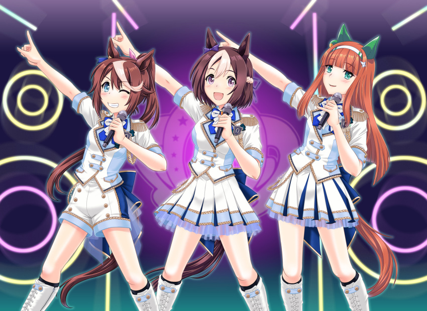 3girls alternate_costume animal_ears arm_up bangs blue_eyes blunt_bangs boots bow bowtie braid brown_hair cross-laced_footwear ear_covers ear_piercing epaulettes eyebrows_visible_through_hair french_braid hair_flaps hair_ornament hairband high_ponytail highres hime_cut holding holding_microphone horse_ears horse_girl horse_tail horseshoe_print idol_clothes jacket knee_boots lace-up_boots light_brown_hair long_hair microphone multicolored_hair multiple_girls one_eye_closed orange_hair piercing pink_bow pleated_skirts shibuya_note short_sleeves shorts sidelocks silence_suzuka_(umamusume) special_week_(umamusume) streaked_hair tail tokai_teio_(umamusume) two-tone_hair umajiri_gyuunyuu umamusume violet_eyes waist_bow white_bow white_bowtie white_hairband