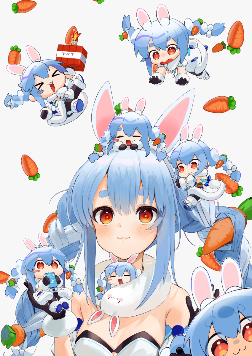 &gt;_&lt; 6+girls :3 animal_ears bangs black_gloves blush braid bunny-shaped_pupils carrot carrot_hair_ornament closed_mouth commentary_request detached_sleeves don-chan_(usada_pekora) dress eyebrows_visible_through_hair food-themed_hair_ornament gloves gotoh510 hair_between_eyes hair_ornament highres holding hololive juice_box long_hair looking_at_viewer minigirl multicolored_hair multiple_girls open_mouth pantyhose rabbit_ears rabbit_girl red_eyes shoes short_eyebrows short_sleeves signature simple_background symbol-shaped_pupils thick_eyebrows tnt twin_braids twintails two-tone_hair usada_pekora virtual_youtuber white_background white_dress