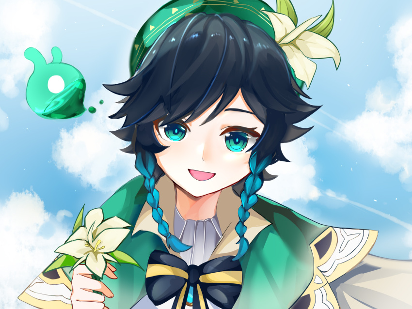 1boy androgynous bangs beret black_hair blue_hair bow braid brooch clouds cloudy_sky collared_cape collared_shirt day flower gem genshin_impact gradient_hair green_eyes green_headwear hat hat_flower highres holding holding_flower jewelry leaf looking_at_viewer male_focus multicolored_hair seelie_(genshin_impact) shirt short_hair_with_long_locks side_braids sidelocks sky smile solo twin_braids venti_(genshin_impact) white_flower white_shirt xzorq