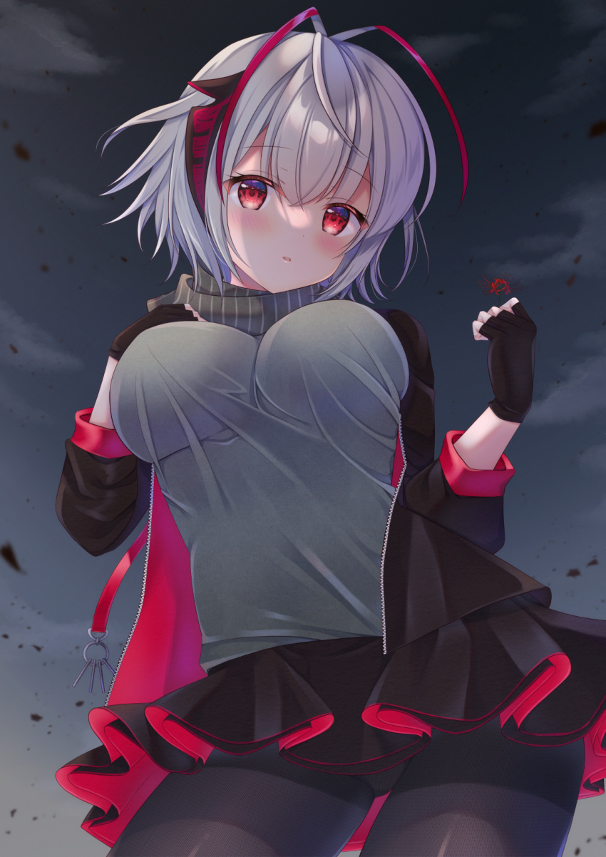 1girl arknights black_gloves black_jacket black_legwear black_scarf black_skirt blush breasts cowboy_shot dark_sky demon_horns fingerless_gloves gloves grey_hair grey_shirt hand_on_own_chest hands_up highres horns jacket large_breasts looking_at_viewer miwa_uni open_clothes open_jacket pantyhose parted_lips red_eyes scarf shirt skirt solo w_(arknights)