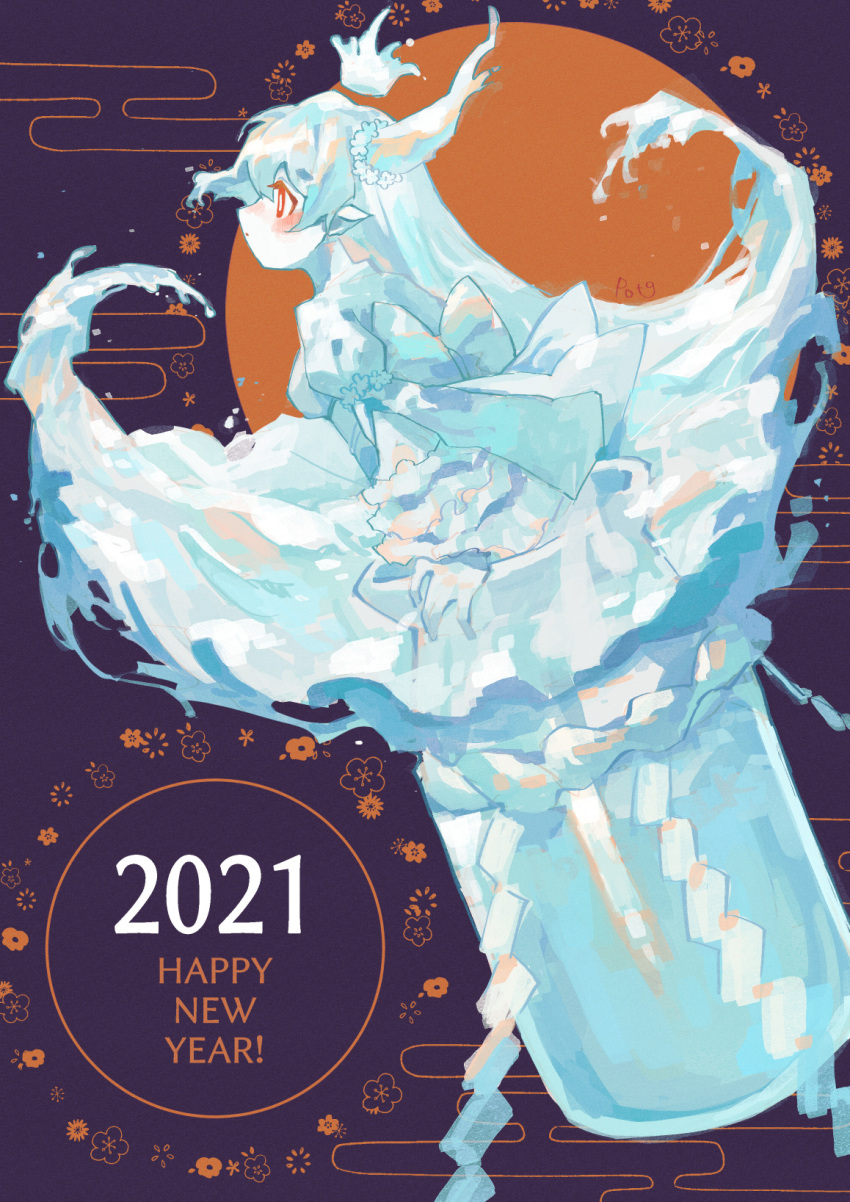 1girl 2021 artist_name bottle colored_skin commentary_request dress english_text flower_(symbol) happy_new_year highres long_hair milk moon new_year original personification potg_(piotegu) profile purple_background red_eyes shide simple_background solo white_dress white_skin