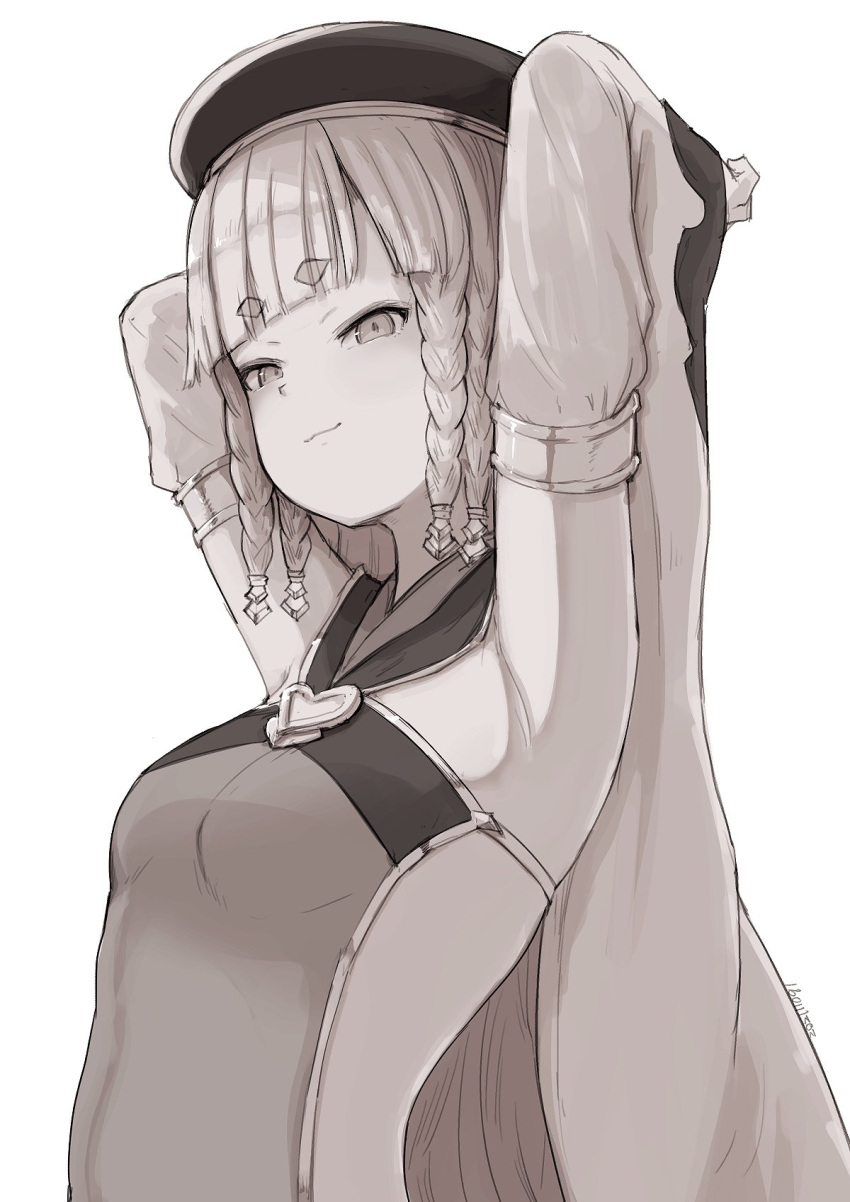 1girl armpits arms_behind_head arms_up bangs bare_shoulders beret braid breasts detached_sleeves erune eyeliner granblue_fantasy greyscale hat highres long_hair looking_at_viewer makeup monochrome multiple_braids nosuku pholia quad_braids short_eyebrows side_braids sideless_outfit small_breasts smile solo very_long_hair wide_sleeves