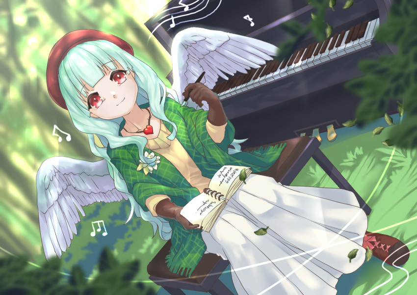 1girl angel_wings bangs beamed_eighth_notes book brown_footwear brown_gloves character_request day dutch_angle feathered_wings forest gloves green_hair hat highres holding holding_pen instrument jewelry leaf long_hair long_skirt musical_note nature necklace open_book outdoors peanutcian pen piano piano_bench red_headwear redhead sitting skirt virtual_youtuber white_skirt white_wings wings