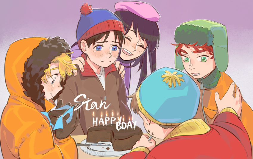 1girl 4boys beanie beret birthday birthday_cake birthday_party black_hair blonde_hair blue_eyes brown_hair brown_jacket cake candle chocolate_cake closed_eyes coat eric_cartman food fur_hat gloves green_eyes hat highres hood hood_up jacket kenny_mccormick kyle_broflovski long_hair multiple_boys orange_jacket parka purple_coat red_jacket redhead short_hair south_park stan_marsh tears ushanka wendy_testaburger