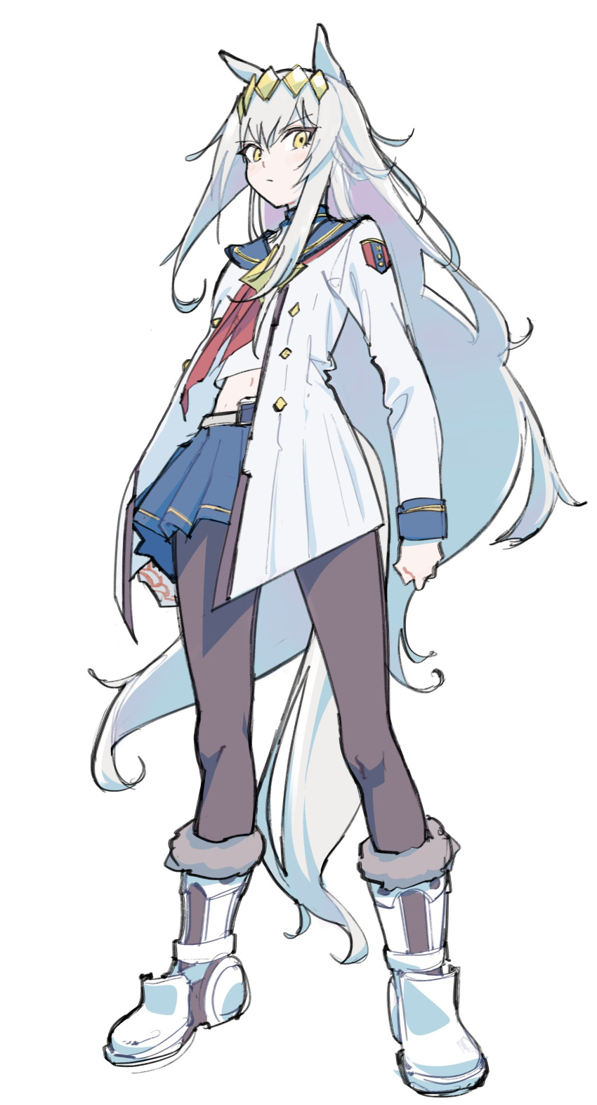 1girl absurdres animal_ears arms_at_sides bangs black_legwear blue_sailor_collar blue_skirt boots clenched_hands closed_mouth coat diadem full_body fur-trimmed_boots fur_trim highres horse_ears horse_tail long_hair long_sleeves looking_at_viewer neckerchief oguri_cap_(umamusume) pantyhose pleated_skirt red_neckerchief sailor_collar saitama_(antitankromeo) shirt sidelocks simple_background skirt sleeve_cuffs solo tail umamusume v-shaped_eyebrows very_long_hair white_background white_coat white_footwear white_hair white_shirt yellow_eyes