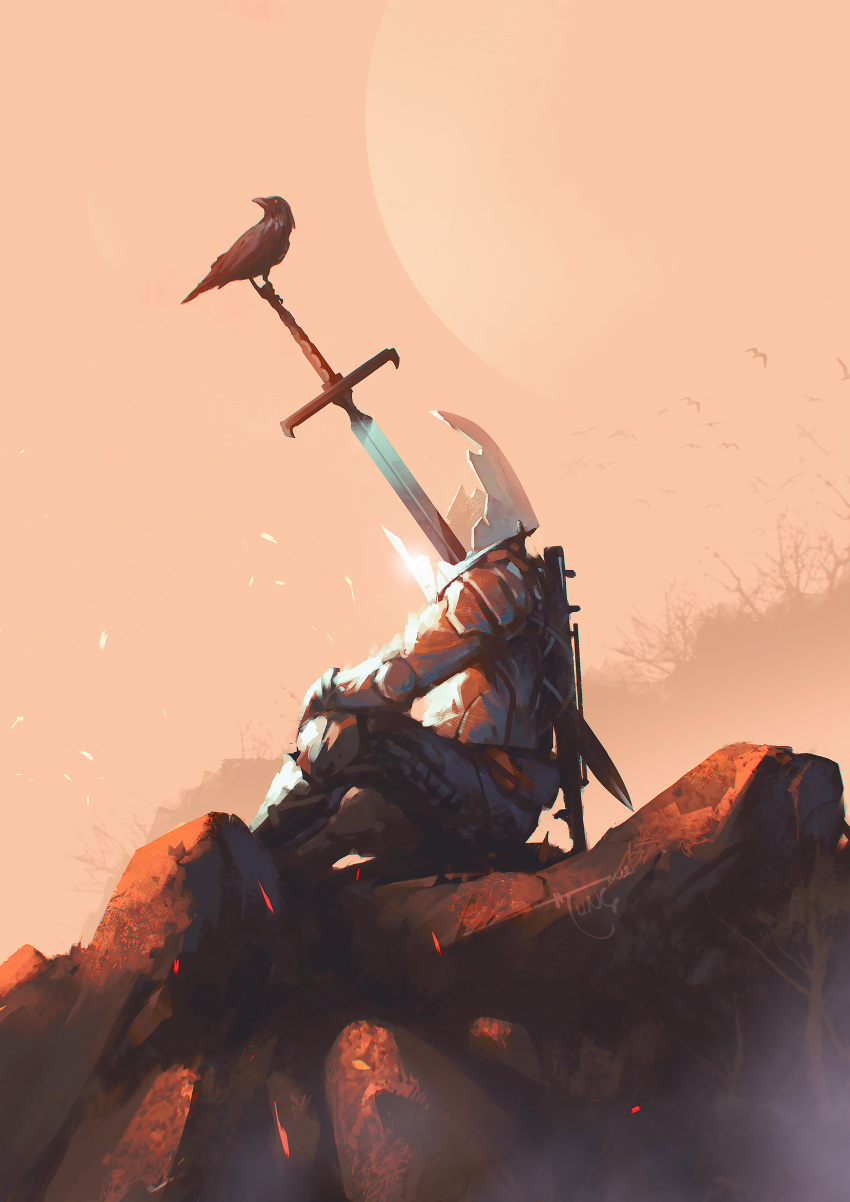 absurdres animal armor bird broken brown_background crow from_side full_armor highres impaled kalmahul no_humans original scenery sitting statue sword weapon