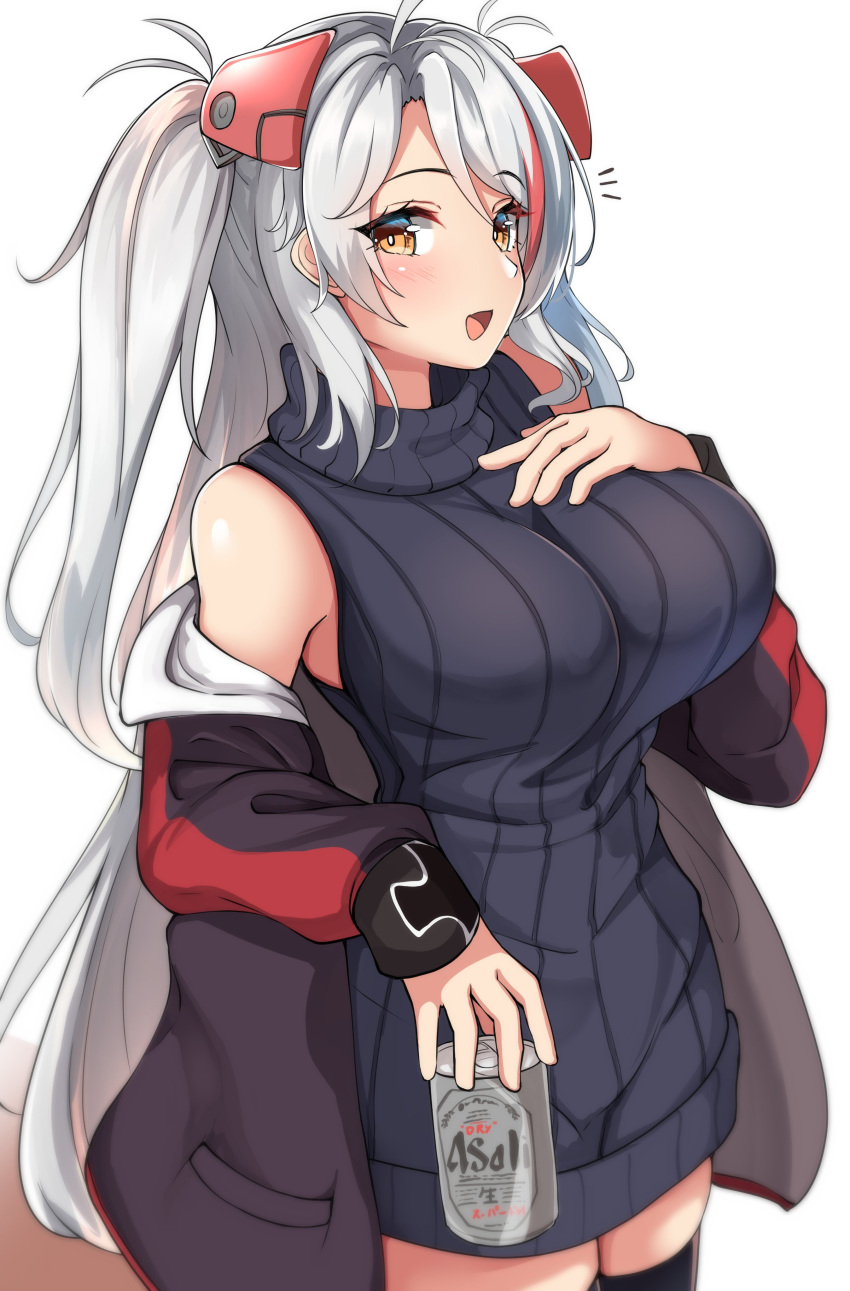 1girl :d absurdres azur_lane bangs bare_shoulders black_jacket black_legwear black_sweater breasts brown_eyes can commentary_request eyebrows_visible_through_hair greyscale hand_up headgear highres holding holding_can jacket large_breasts long_hair long_sleeves looking_at_viewer monochrome moyoron multicolored_hair off_shoulder open_clothes open_jacket prinz_eugen_(azur_lane) redhead silver_hair simple_background sleeveless sleeveless_sweater sleeveless_turtleneck sleeves_past_wrists smile solo streaked_hair sweater thigh-highs turtleneck turtleneck_sweater two_side_up unfinished very_long_hair white_background