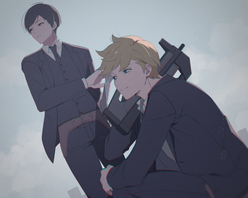 2boys bangs black_hair black_jacket black_pants black_vest blonde_hair bowl_cut carrying_over_shoulder collared_shirt dutch_angle formal gun highres holding holding_gun holding_weapon holster inukai_sumiharu jacket long_sleeves male_focus multiple_boys necktie pant_suit pants ready_to_draw shirt sky smile squatting standing suit tsuji_shinnosuke vest weapon white_shirt world_trigger yawai_tofu