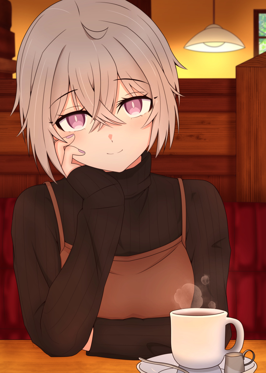 1girl absurdres alternate_costume bangs bench brown_sweater cafe casual ceiling_light creamer_(vessel) cup drink girls_frontline gotoo hair_between_eyes hand_on_own_cheek hand_on_own_face highres interior light_smile long_sleeves looking_at_viewer m200_(girls'_frontline) pink_eyes pink_nails plate sidelocks silver_hair sitting solo steam sweater turtleneck turtleneck_sweater window