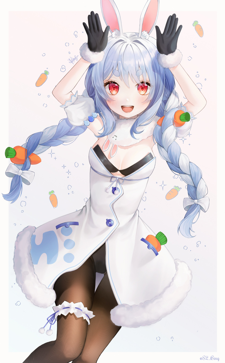 1girl :d absurdres animal_ear_fluff animal_ears arms_up ass_visible_through_thighs bare_shoulders black_gloves black_legwear black_leotard bling_(epvc5242) blue_hair bow braid breasts bunny_pose carrying coat detached_sleeves eyebrows_visible_through_hair food-themed_hair_ornament fur_trim gloves hair_between_eyes hair_bow hair_ornament hands_up highres hololive knees_together_feet_apart leotard looking_at_viewer multicolored_hair open_mouth pantyhose playboy_bunny pocket puffy_short_sleeves puffy_sleeves rabbit_ears rabbit_girl red_eyes scarf short_sleeves sidelocks simple_background small_breasts smile solo sparkle streaked_hair teeth thick_eyebrows thigh_gap thigh_strap twin_braids two-tone_hair upper_teeth usada_pekora virtual_youtuber white_background white_coat white_hair