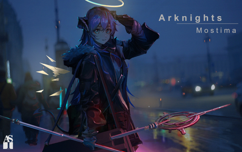 1girl arknights bangs black_jacket blue_eyes blue_hair blurry blurry_background car character_name grin ground_vehicle halo highres holding holding_staff horns jacket long_hair long_sleeves looking_at_viewer mostima_(arknights) motor_vehicle night night_sky open_mouth outdoors sky smile solo staff teeth wings zeng-zixiang