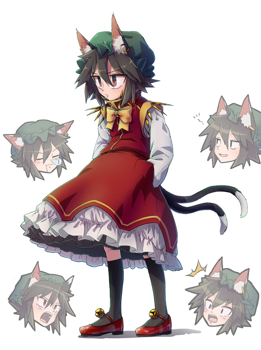 1girl animal_ear_fluff animal_ears bangs bell black_legwear blush brown_eyes brown_hair cat_ears cat_tail chen closed_mouth commentary_request dress drooling earrings fang frilled_dress frills full_body gold_trim green_headwear hair_between_eyes hands_in_pockets hat highres jewelry jingle_bell kneehighs kusiyan lips long_sleeves looking_to_the_side mary_janes multiple_tails nekomata open_mouth pillow_hat red_dress red_footwear ribbon shirt shoes short_hair simple_background single_earring sleeping smug socks solo standing sweatdrop tail touhou two_tails white_background white_shirt yellow_neckwear yellow_ribbon