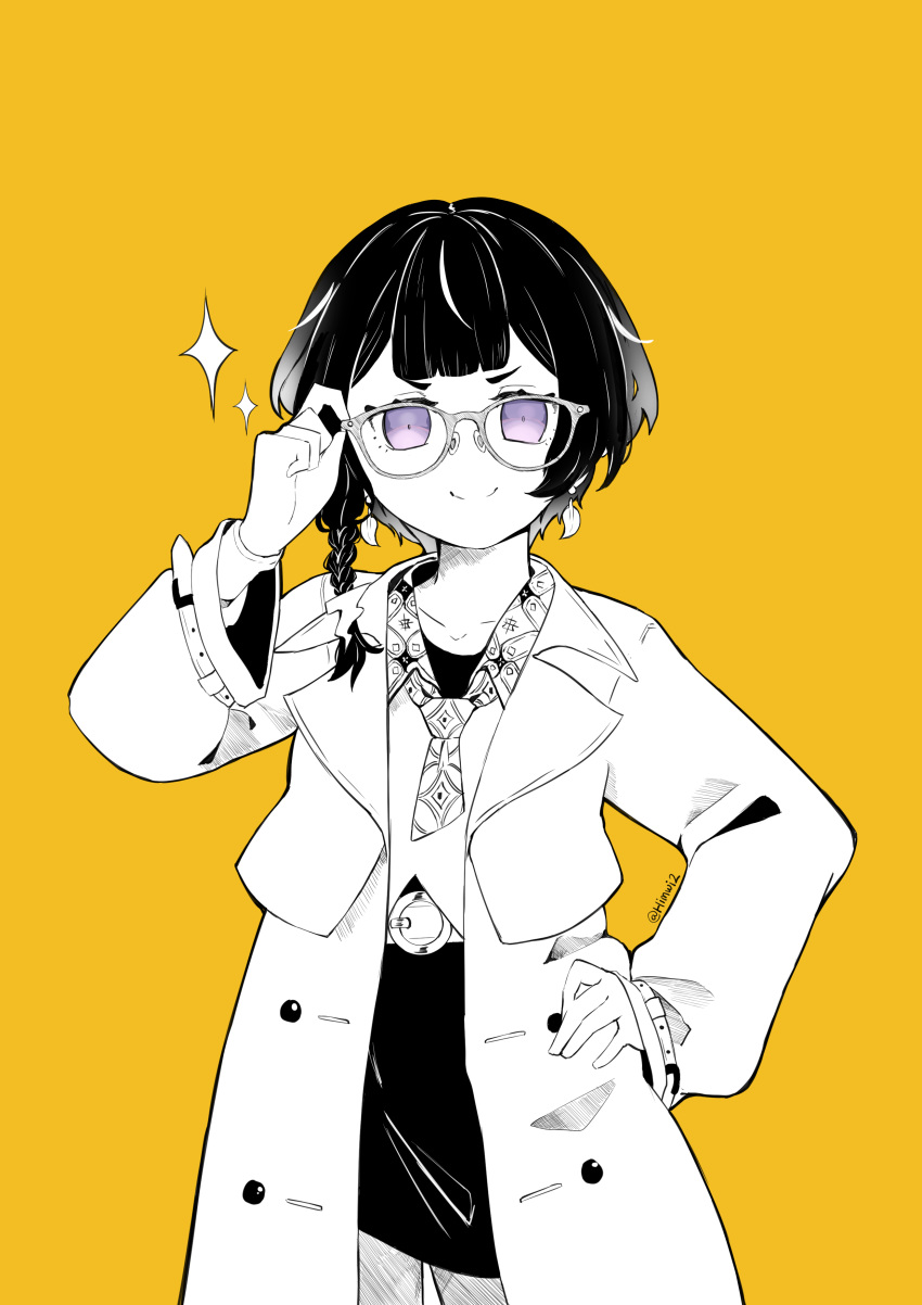 1girl absurdres anya_melfissa braid glasses hand_on_hip highres himwi hololive hololive_indonesia limited_palette long_coat single_braid skirt smile twitter_username violet_eyes virtual_youtuber yellow_background