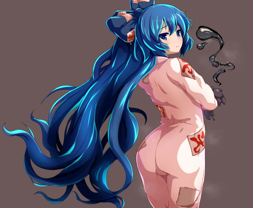 ass blue_eyes blue_hair from_behind highres long_hair looking_at_viewer ofuda ofuda_on_clothes oil patches peso_(cheese_company) stuffed_animal stuffed_cat stuffed_toy touhou very_long_hair yorigami_shion