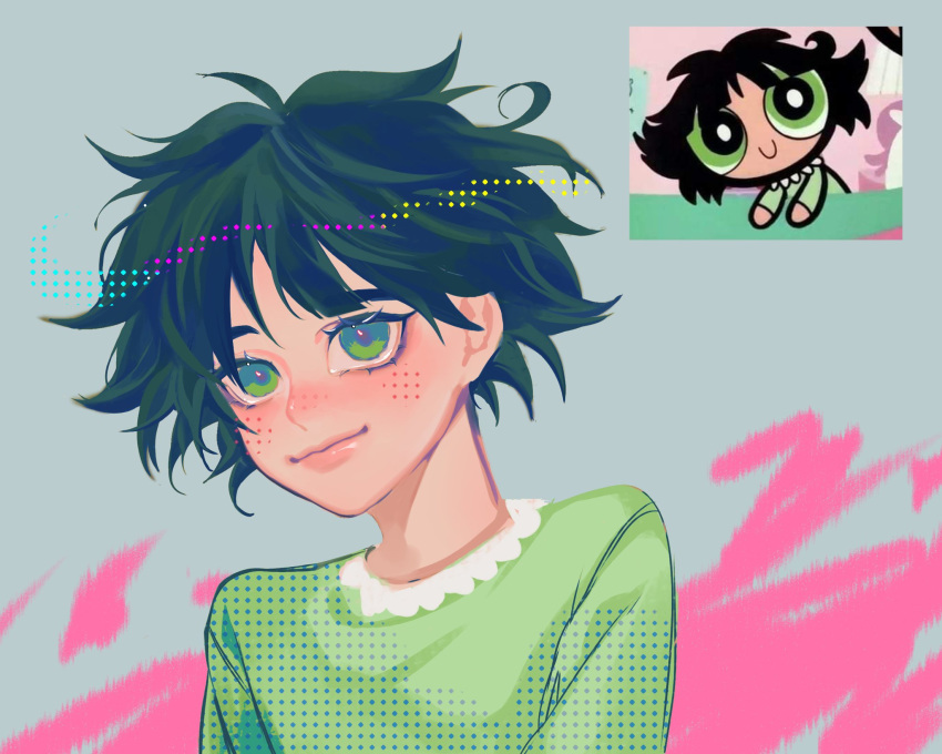 1girl abstract_background bangs black_hair blush buttercup_(ppg) buttercup_redraw_challenge cycrome derivative_work green_eyes green_pajamas grey_background halftone highres looking_at_viewer powerpuff_girls reference_inset reference_photo screencap_redraw short_hair smile solo