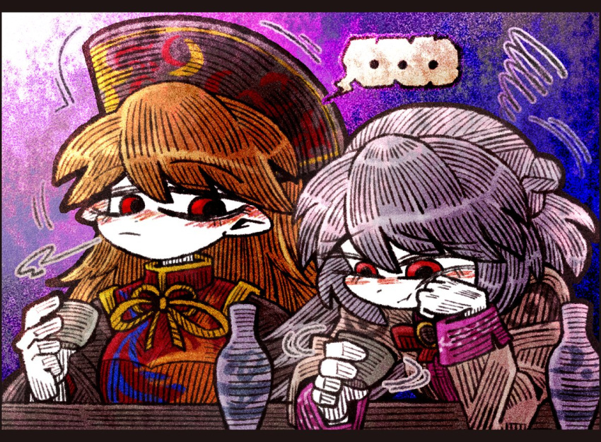 ... 2girls angel_wings arm_up bangs beige_jacket black_sleeves blush bottle bow bowtie braid breasts chinese_clothes choko_(cup) cup dress eyebrows_visible_through_hair french_braid hand_on_own_face junko_(touhou) kishin_sagume large_breasts long_hair long_sleeves looking_at_another multiple_girls phoenix_crown pointy_ears purple_dress red_bow red_bowtie red_eyes ribbon sakazuki sake_bottle short_hair silver_hair single_wing sitting spoken_ellipsis squiggle suenari_(peace) tabard table tassel touhou wide_sleeves wings worried yellow_neckwear yellow_ribbon