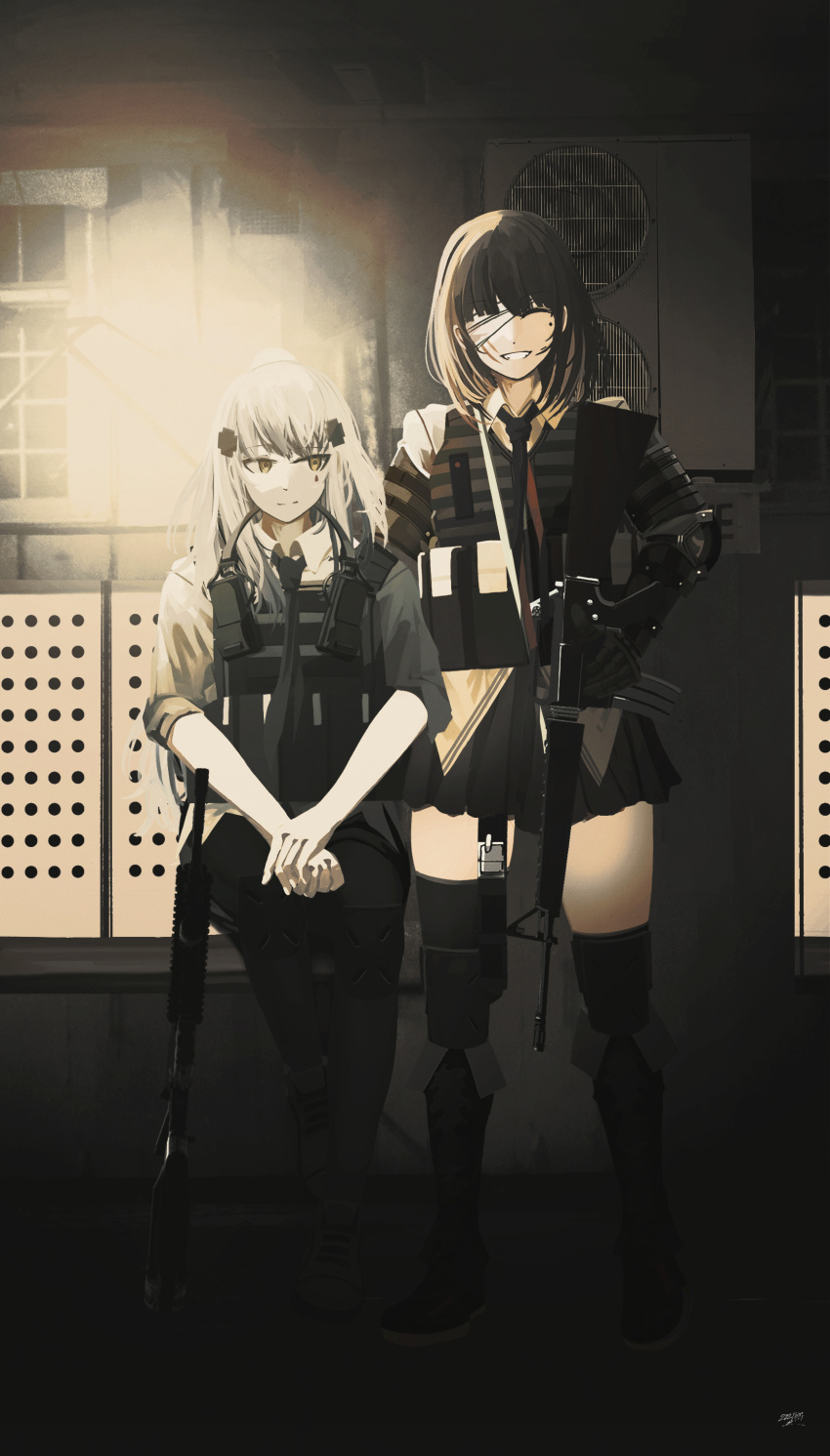 2girls absurdres armor assault_rifle bandage_over_one_eye bangs black_footwear black_necktie black_pants black_skirt boots brown_hair closed_eyes closed_mouth commentary_request eyebrows_visible_through_hair full_body girls_frontline green_eyes gun h&amp;k_hk416 hair_between_eyes hair_ornament hairclip headphones headphones_around_neck highres hk416_(girls'_frontline) holding holding_gun holding_weapon kanoe_(kanoe502) knee_pads long_hair looking_at_viewer m16a1 m16a1_(girls'_frontline) mechanical_arms mole mole_under_eye multiple_girls necktie open_mouth pants rifle scar scar_across_eye shirt shoes silver_hair single_mechanical_arm skirt smile standing teardrop_facial_mark teardrop_tattoo weapon white_shirt yellow_shirt