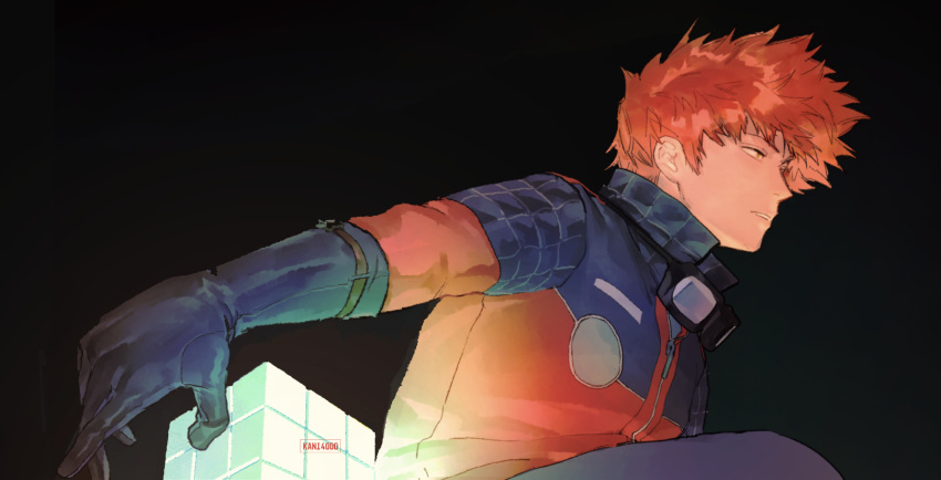 1boy black_background cube from_side gkrk89 glowing goggles goggles_around_neck highres jacket long_sleeves looking_away male_focus mizukami_satoshi_(world_trigger) orange_eyes orange_hair outstretched_arm popped_collar profile short_hair simple_background solo spiky_hair upper_body world_trigger