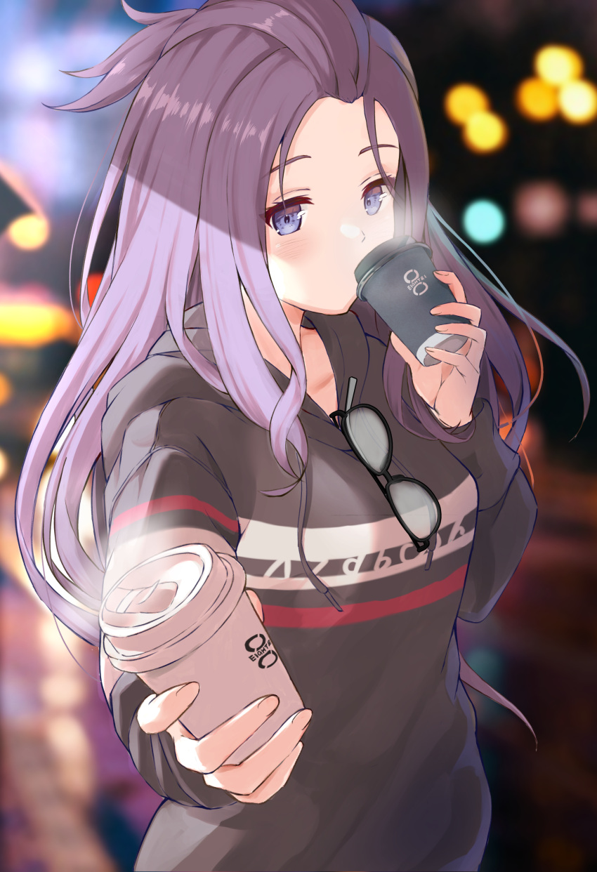 1girl absurdres bangs_pinned_back blue_eyes blurry blurry_background coffee_cup cup disposable_cup drinking eyewear_removed file112056 giving glasses highres holding hood hoodie kagamihara_sakura long_hair looking_at_viewer opaque_glasses purple_hair solo steam yurucamp