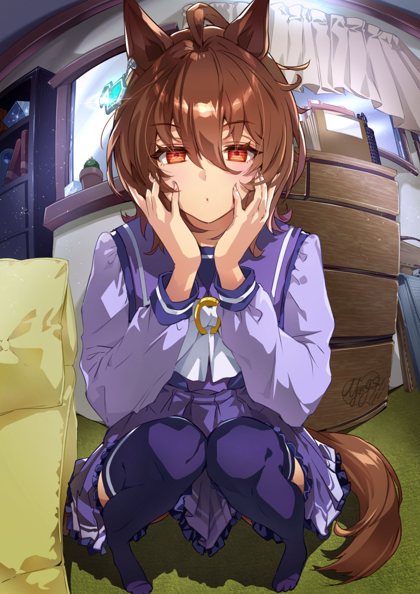 1girl :o absurdres agnes_tachyon_(umamusume) animal_ears bookshelf brown_hair cactus chest_of_drawers commentary_request curtains earrings highres horse_ears horse_girl horse_tail horseshoe_ornament jewelry plant potted_plant purple_legwear purple_shirt purple_skirt red_eyes school_uniform shirt short_hair single_earring skirt solo squatting tail thigh-highs tracen_school_uniform umamusume uniform window yanyo_(ogino_atsuki)