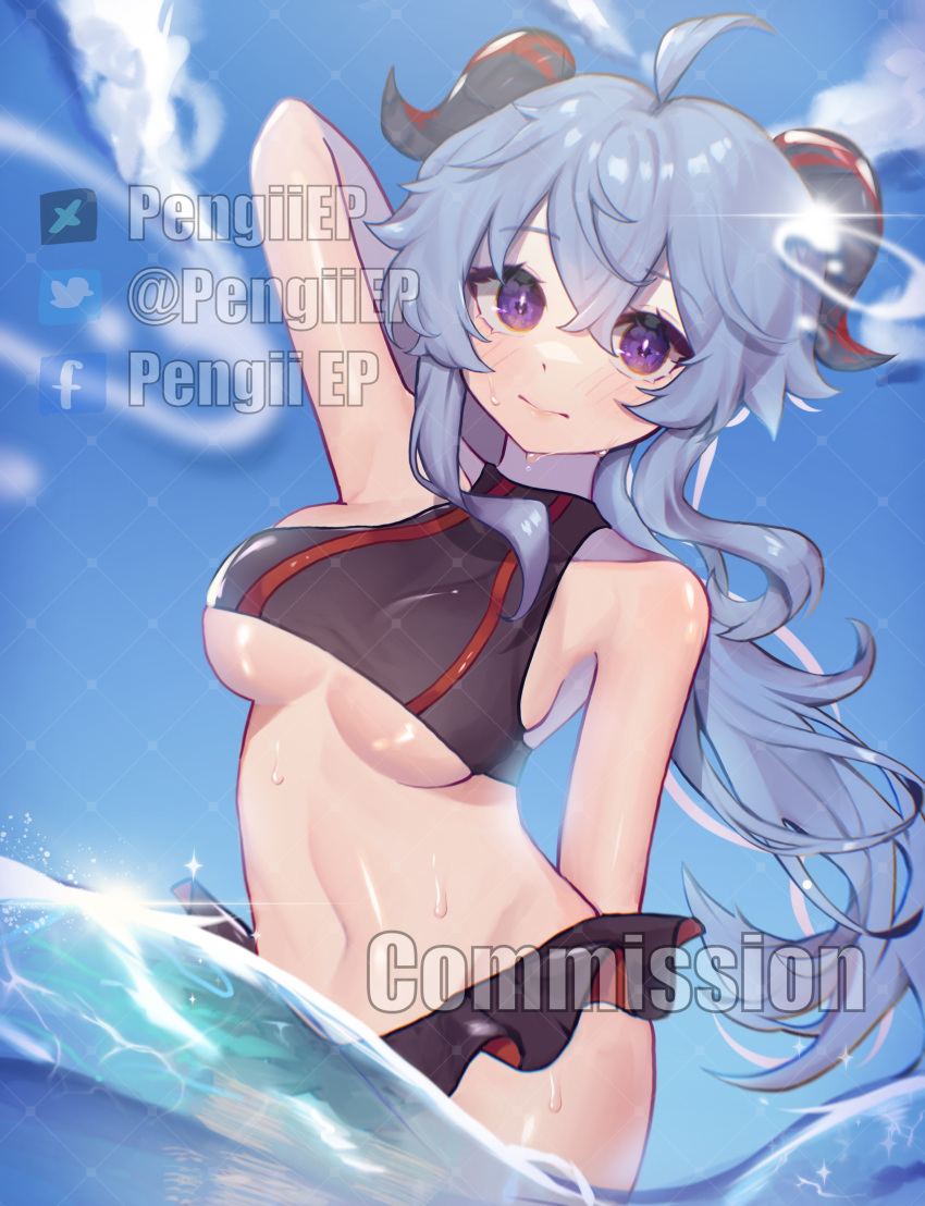 1girl absurdres ahoge arm_up armpits bangs bare_shoulders black_swimsuit blue_hair blue_sky blush breasts breasts_day clear_sky commission curled_horns embarrassed english_commentary eyelashes facebook_logo facebook_username ganyu_(genshin_impact) genshin_impact goat_horns highres horns large_breasts light_smile lips long_hair navel ocean pengiiep shiny shiny_hair shiny_skin sidelocks sky solo stomach swimsuit thighs twitter_logo twitter_username under_boob violet_eyes water water_drop wet wet_clothes
