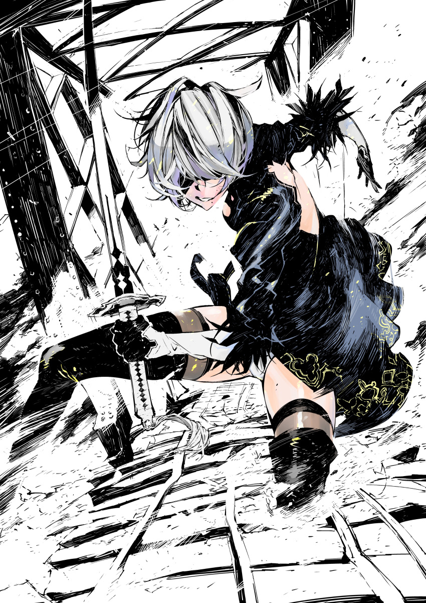 1girl absurdres back_cutout black_blindfold black_footwear black_gloves blindfold boots brown_legwear cleavage_cutout clothing_cutout dust dust_cloud feather-trimmed_sleeves feather_trim gloves grey_hair hatching_(texture) highres holding holding_sword holding_weapon katana mole mole_under_mouth nier_(series) nier_automata one_knee parted_lips partially_colored puffy_sleeves railroad_tracks short_hair slimshadyta solo sword thigh-highs thigh_boots weapon yorha_no._2_type_b