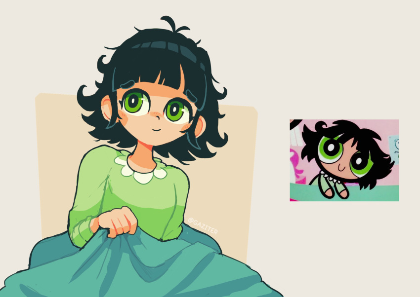 1girl antenna_hair bangs beige_background black_hair blanket blunt_bangs blush buttercup_(ppg) closed_mouth derivative_work eyebrows_visible_through_hair gaziter green_eyes grey_background highres holding holding_blanket messy_hair powerpuff_girls reference_photo screencap_redraw short_hair simple_background smile solo twitter_username