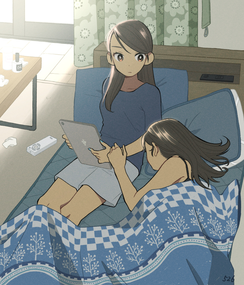 2girls absurdres artist_name blue_nails brown_eyes brown_hair hand_on_another's_arm hidden_face highres holding holding_tablet_pc indoors kojiro337 long_hair lying multiple_girls nail_polish on_bed original shirt shorts sitting t-shirt tablet_pc under_covers yuri