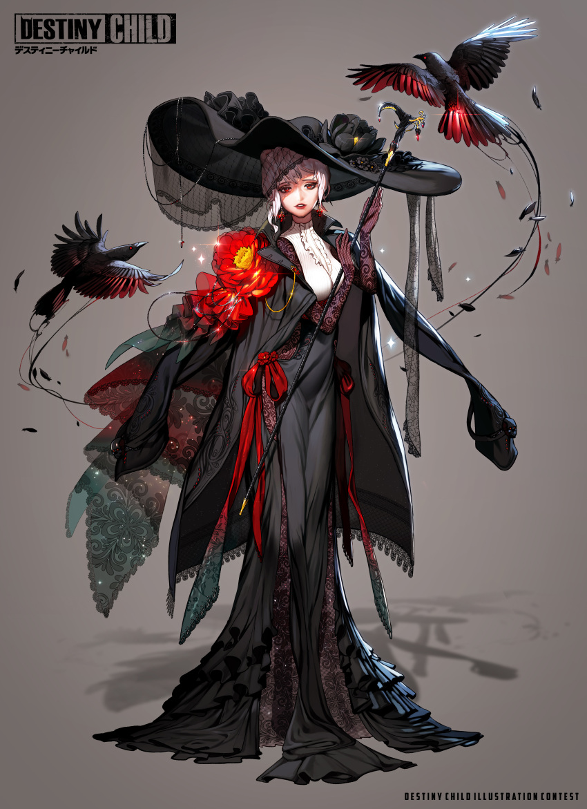 1girl absurdres bird black_dress black_feathers black_headwear character_request destiny_child dress flower gradient gradient_background grey_background hands_up highres red_flower red_ribbon ribbon rinotuna shadow short_hair solo sparkle white_hair