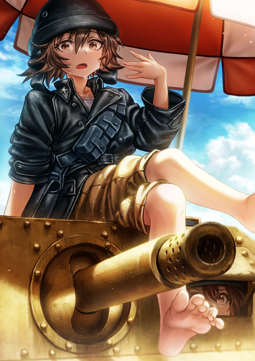 2girls barefoot brown_hair day feet ground_vehicle highres hot italy medium_hair military military_uniform military_vehicle motor_vehicle multiple_girls open_mouth original outdoors oyu_udon parasol semovente_75/18 sitting sky soles sweat tank tank_helmet umbrella uniform