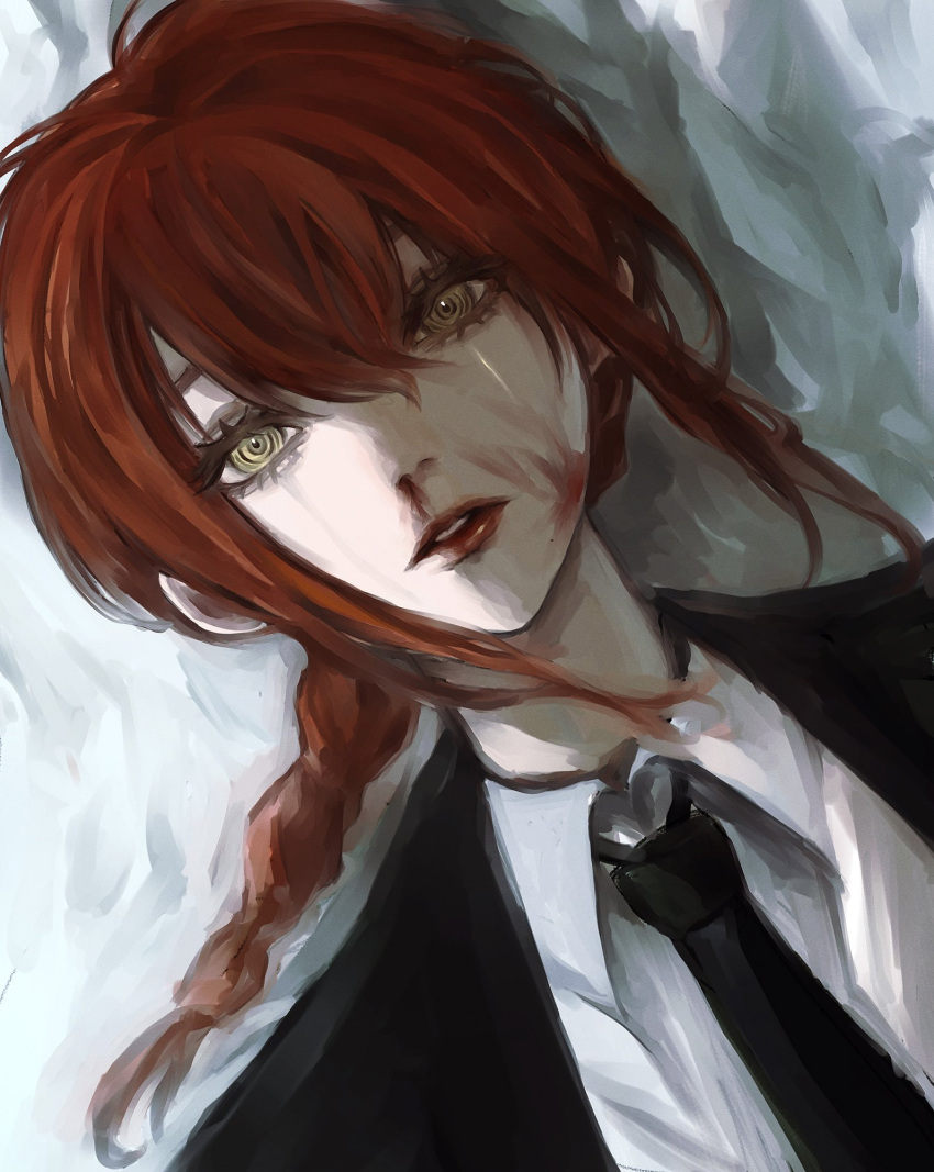 1girl @_@ bed_sheet black_necktie black_suit blood blood_on_face chainsaw_man eyelashes formal hair_between_eyes highres long_eyelashes long_hair looking_at_viewer lying makima_(chainsaw_man) necktie noroma02 nosebleed on_back parted_lips red_lips redhead solo suit yellow_eyes