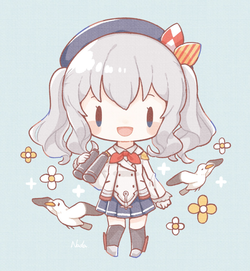 1girl bangs beret binoculars bird black_legwear blue_background blue_eyes blue_headwear blue_skirt chibi epaulettes flower hat highres holding holding_binoculars jacket kantai_collection kashima_(kancolle) long_hair long_sleeves military military_uniform nada_namie open_mouth pleated_skirt seagull signature silver_hair simple_background skirt thigh-highs twintails uniform wavy_hair white_flower yellow_flower