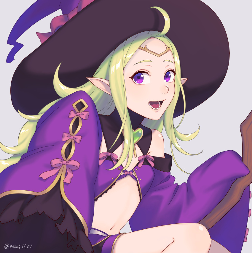 1girl absurdres broom broom_riding circlet detached_sleeves fire_emblem fire_emblem_awakening fire_emblem_heroes green_hair halloween hat highres manakete navel nowi_(fire_emblem) official_alternate_costume peach11_01 purple_headwear solo violet_eyes witch witch_hat