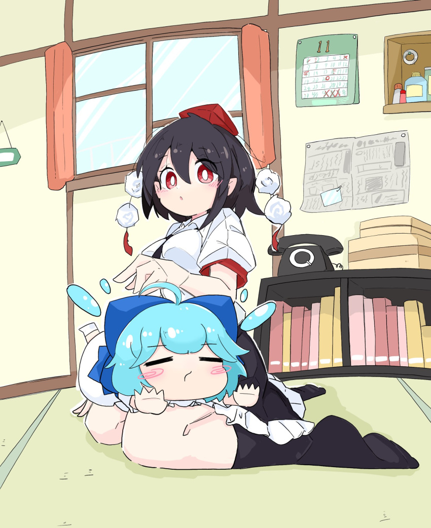 2girls cirno highres lying lying_on_person multiple_girls shameimaru_aya sitting tatutaniyuuto touhou