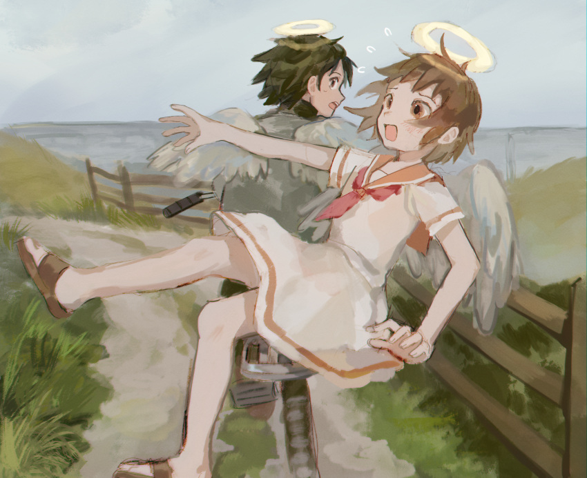 2girls angel_wings arm_up bad_id bad_tumblr_id bangs black_hair blue_sky blush brown_eyes brown_footwear brown_hair celry chromatic_aberration d: dated_commentary day dirt_road dress falling feathered_wings fence floating_hair flying_sweatdrops from_behind full_body furrowed_brow grass ground_vehicle haibane_renmei halo hand_up high_collar highres hill kana_(haibane) leg_up looking_at_another looking_away looking_back motor_vehicle multiple_girls multiple_riders muted_color neckerchief ocean open_mouth outdoors outstretched_arm path profile rakka_(haibane) red_neckerchief red_sailor_collar road round_teeth rural sailor_collar sailor_dress sandals short_hair short_sleeves sidesaddle sitting sky sweat teeth upper_teeth water white_dress wings wooden_fence