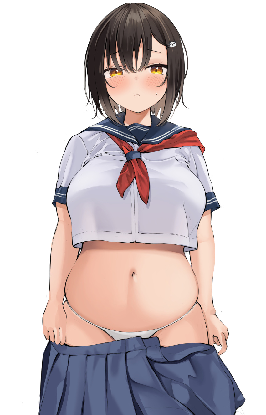 1girl absurdres bangs black_hair blue_sailor_collar blue_skirt blush breasts closed_mouth clothes_pull commentary cowboy_shot crop_top crop_top_overhang cropped_shirt english_commentary hair_ornament highres large_breasts looking_at_viewer navel neckerchief neneneji original panda_hair_ornament panties pleated_skirt plump pout pull red_neckerchief sailor_collar school_uniform serafuku shirt short_hair short_sleeves simple_background skirt skirt_pull sleeve_cuffs solo standing underwear white_background white_panties white_shirt yellow_eyes