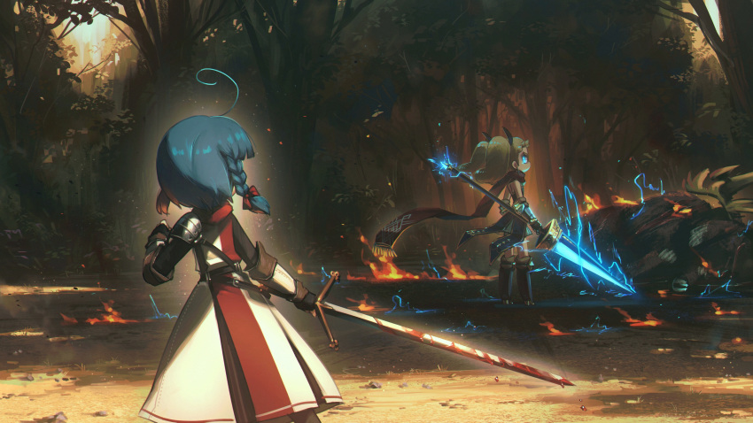 2girls absurdres ahoge blonde_hair blood blood_on_weapon blue_eyes blue_hair braid claymore_(sword) cressey_(porforever) english_commentary fantasy fire forest gauntlets glowing glowing_eyes glowing_weapon highres holding holding_polearm holding_sword holding_weapon lance multiple_girls nature original polearm porforever relica_(porforever) scarf sword twintails weapon