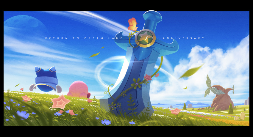 5health absurdres anniversary blue_sky clouds field flower from_behind grass highres kirby kirby's_return_to_dream_land kirby_(series) letterboxed magolor moon mountainous_horizon plant planted planted_sword scenery sitting sky sword tree vines weapon wind