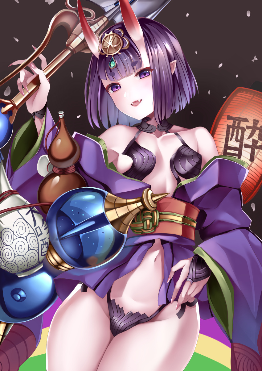 1girl absurdres bangs bare_shoulders blush bob_cut breasts collarbone eyeliner fate/grand_order fate_(series) gourd headpiece highres horns japanese_clothes kimono koizumo lantern long_sleeves looking_at_viewer makeup navel obi oni oni_horns open_mouth paper_lantern purple_hair purple_kimono revealing_clothes sash short_hair short_kimono shuten_douji_(fate) skin-covered_horns small_breasts smile solo sword thighs violet_eyes weapon wide_sleeves