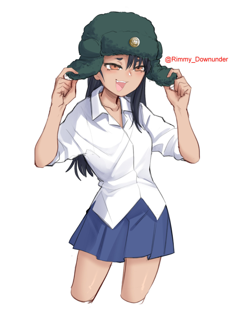 1girl :d absurdres bangs black_hair blue_skirt breasts brown_eyes collarbone collared_shirt commission cropped_legs fang grey_shirt hair_ornament hairclip hands_up highres ijiranaide_nagatoro-san long_hair nagatoro_hayase open_mouth pleated_skirt popopoka russian_clothes shiny shiny_skin shirt skirt small_breasts smile teeth upper_teeth white_shirt