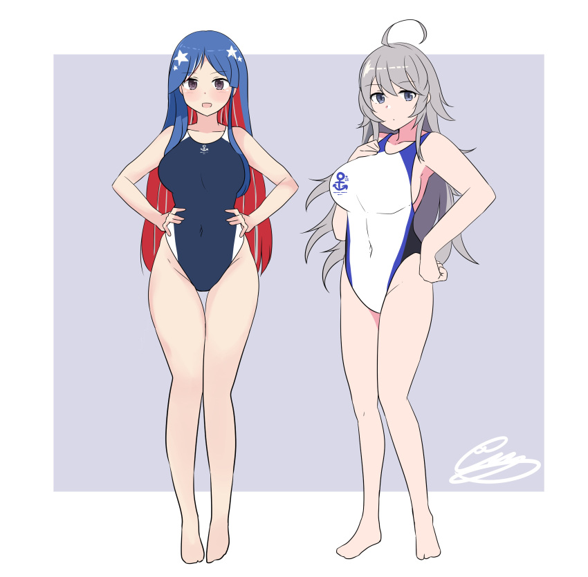 2girls absurdres ahoge blue_eyes blue_hair breasts closed_mouth competition_swimsuit full_body grey_hair hair_between_eyes hand_on_own_chest hands_on_hips highres kantai_collection large_breasts long_hair multicolored_clothes multicolored_hair multicolored_swimsuit multiple_girls noruren one-piece_swimsuit open_mouth redhead south_dakota_(kancolle) swimsuit tagme violet_eyes washington_(kancolle)